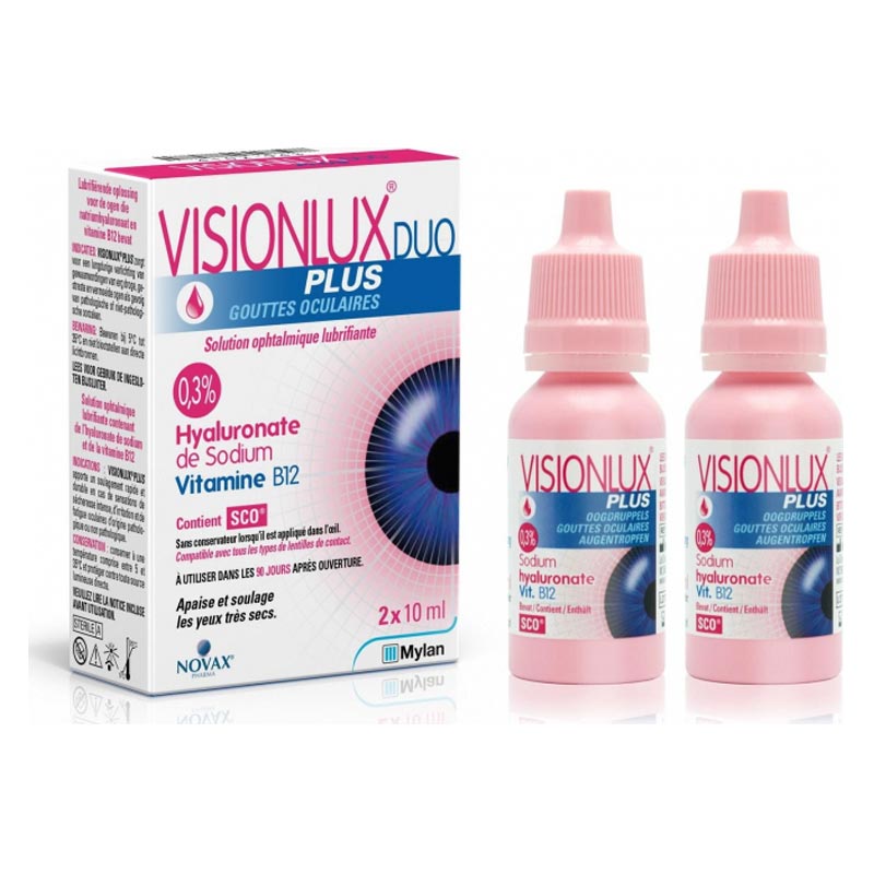 Novax VisionLux PLUS Eye Drops Duo Οφθαλμικό Λιπαντικό Διάλυμα 0,3% Υαλουρονικό Νάτριο και Βιταμίνη Β12 2x10ml