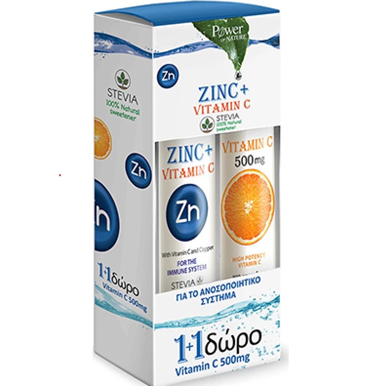 PROMO Power Of Nature Zinc & Vitamin C Stevia 20 Αναβράζοντα Δισκία - ΔΩΡΟ Vitamin C 500mg με Γεύση Λέμόνι 20 Αναβράζοντα Δισκία