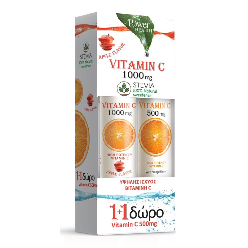 Power Health Vitamin C 1000mg Μήλο με Στέβια 24 αναβράζοντα δισκία & Vitamin C 500mg Πορτοκάλι 20 αναβράζοντα δισκία