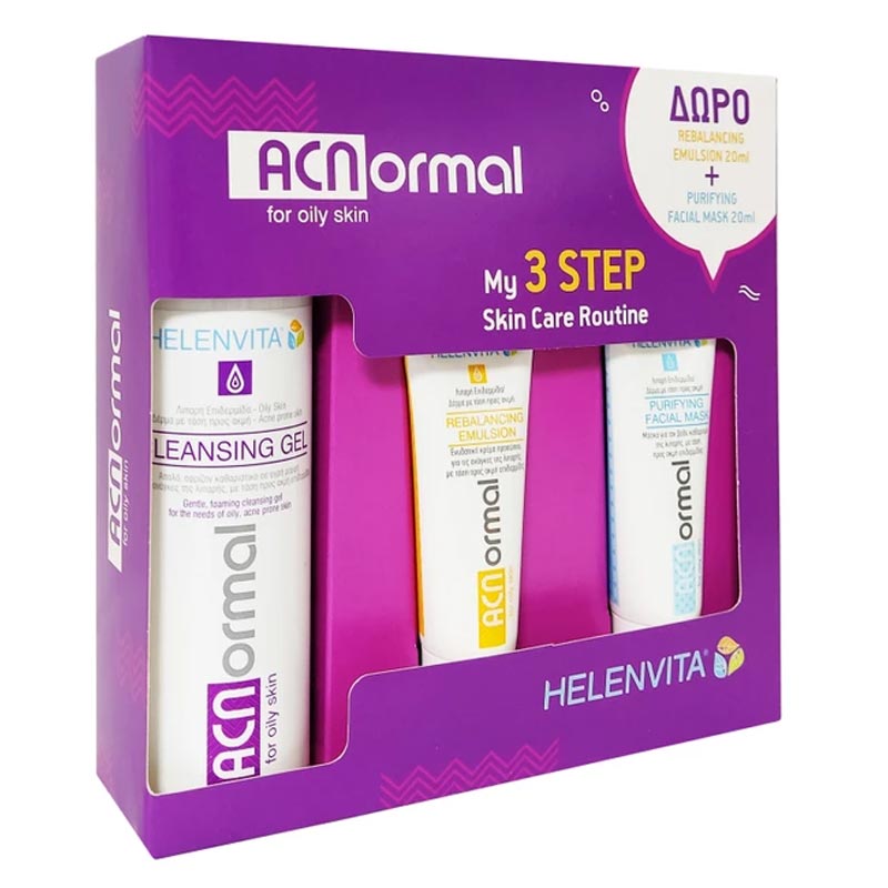 Helenvita ACNormal My 3 Step Skin Care Routine, Cleansing Gel 200ml & Δώρο Rebalancing Emulsion 20ml, Pyrifying Facial Mask 20ml