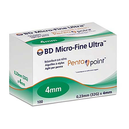 BD Micro-Fine PENTA Point Αποστειρωμένες βελόνες ινσουλίνης 4mm x 0.23mm (32G) 100τμχ