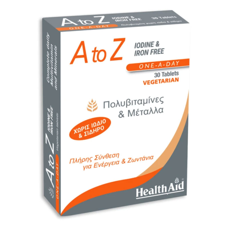 Health Aid A To Z Iodine & Iron Free Συμπλήρωμα Διατροφής με Βιταμίνες και Μέταλλα για Ενέργεια και Ζωντάνια 30 Ταμπλέτες