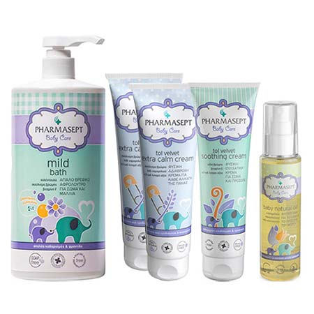 ULTIMATE PROMO SET Pharmasept Baby Care: Mild Bath 1lt + Extra Calm Cream 2x150ml + Soothing Cream 150ml + Natural Oil 100ml