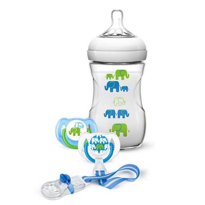 Philips Avent Elephant Σετ Δώρου ΜΠΛΕ Ελεφαντάκια:  Πλαστ. Μπιμπερό Natural 260ml + 2 Πιπίλες Σιλικόνης 6-18m + Κλιπ Πιπίλας (SCD627/01)