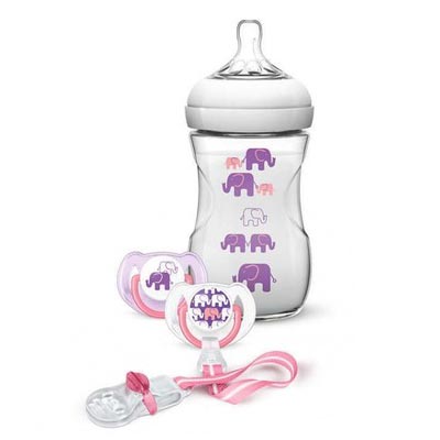 Philips Avent Elephant Σετ Δώρου ΜΩΒ Ελεφαντάκια:  Πλαστ. Μπιμπερό Natural 260ml + 2 Πιπίλες Σιλικόνης 6-18m + Κλιπ Πιπίλας (SCD628/01)