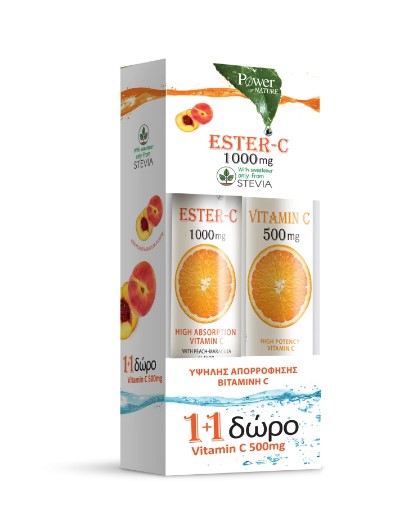 PROMO Power Of Nature Ester C 1000mg Βιταμίνης C με Στέβια 20 Αναβράζοντα Δισκία - ΔΩΡΟ Vitamin C 500mg