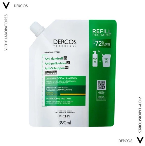 Vichy Dercos Anti Dandruff, Σαμπουάν για Ξηρά Μαλλιά,Refill 390ml